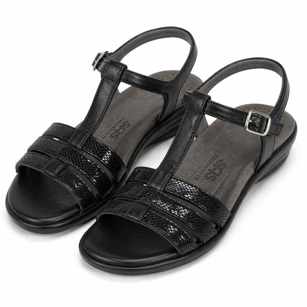 SAS Adult Womens 7.5 Capri Black Snake T-Strap Sandal Casual Comfort Stylish